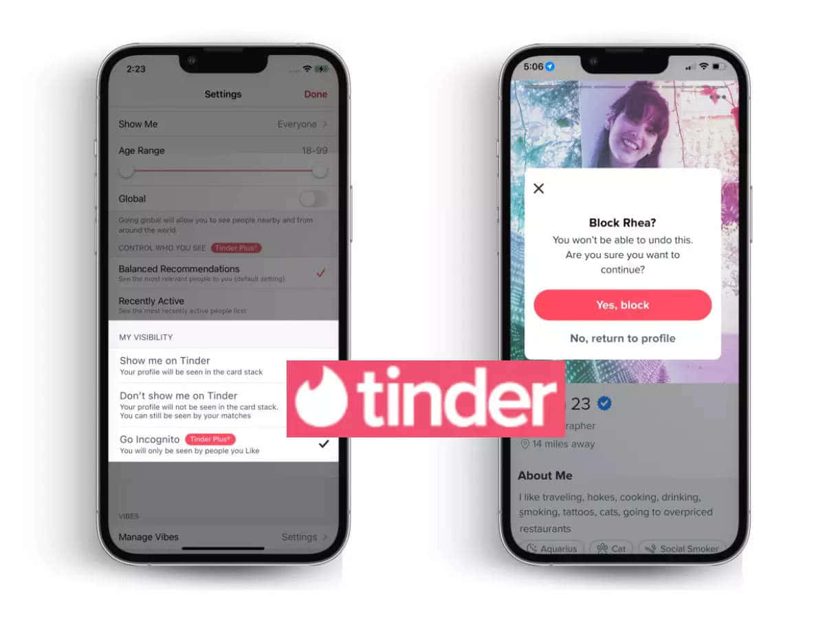 tinder 桌布 壁紙 — 兩部智慧型手機在白色背景上顯示Tinder應用程式設定和封鎖確認對話框。
