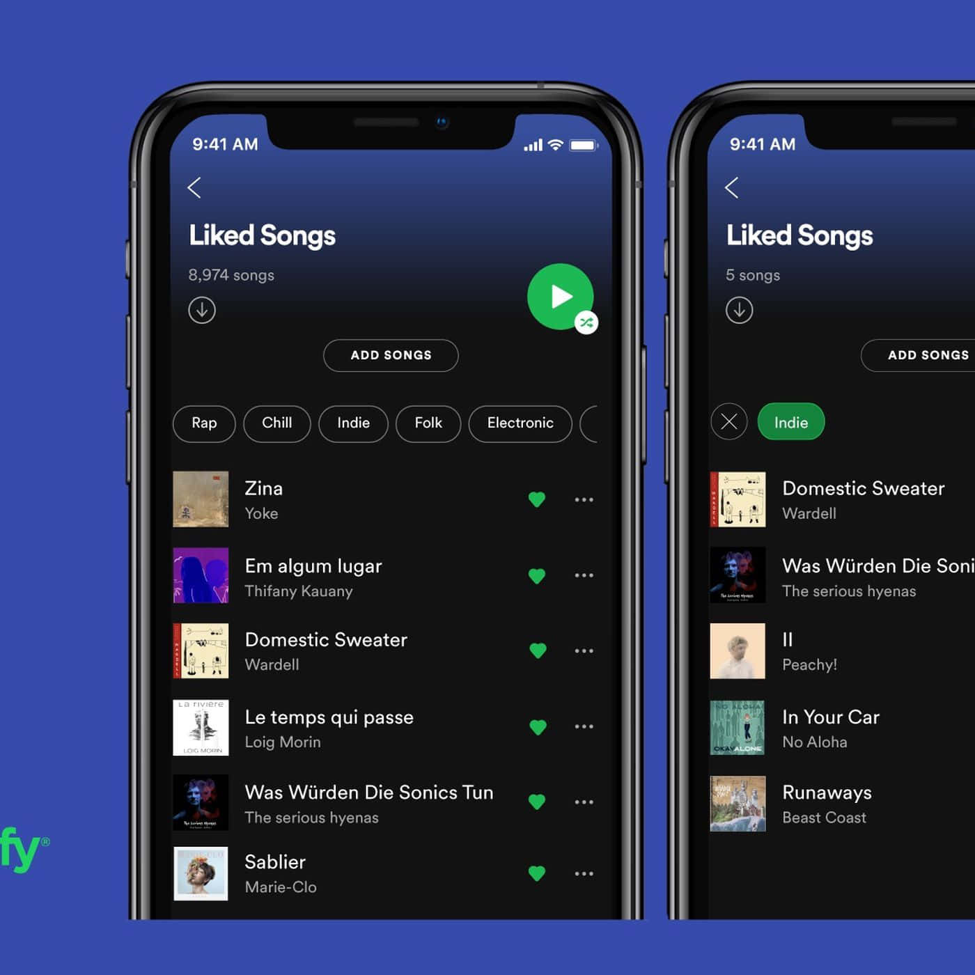 song 桌布 壁紙 — 兩部智慧型手機在純藍色背景上顯示Spotify的「Liked Songs」播放清單，顯示不同的歌曲數量和類型。