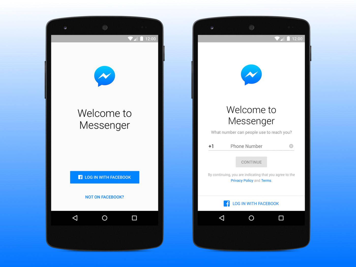 Facebook Login 桌布 壁紙 — 兩部智慧型手機在藍色漸層背景上顯示 Facebook Messenger 的歡迎畫面。