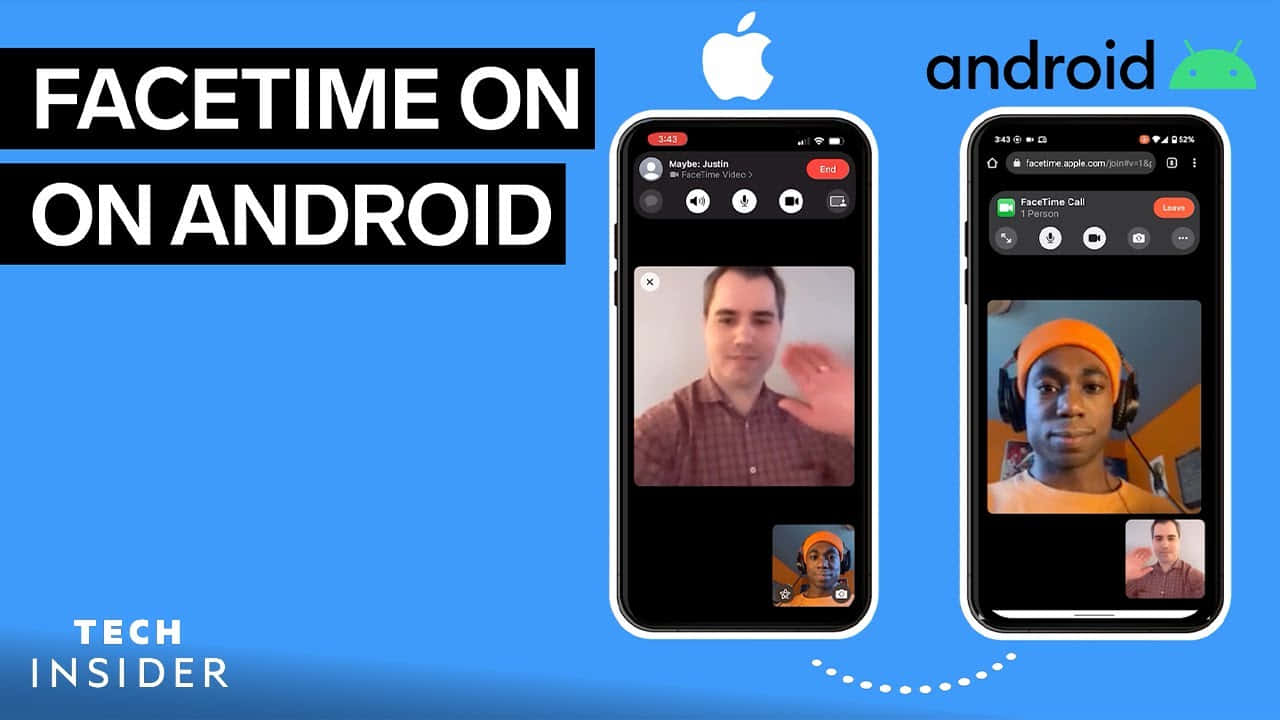 安卓 桌布 壁紙 — 兩部智慧型手機在藍色背景上顯示 FaceTime 通話，上方有 Apple 和 Android 標誌。