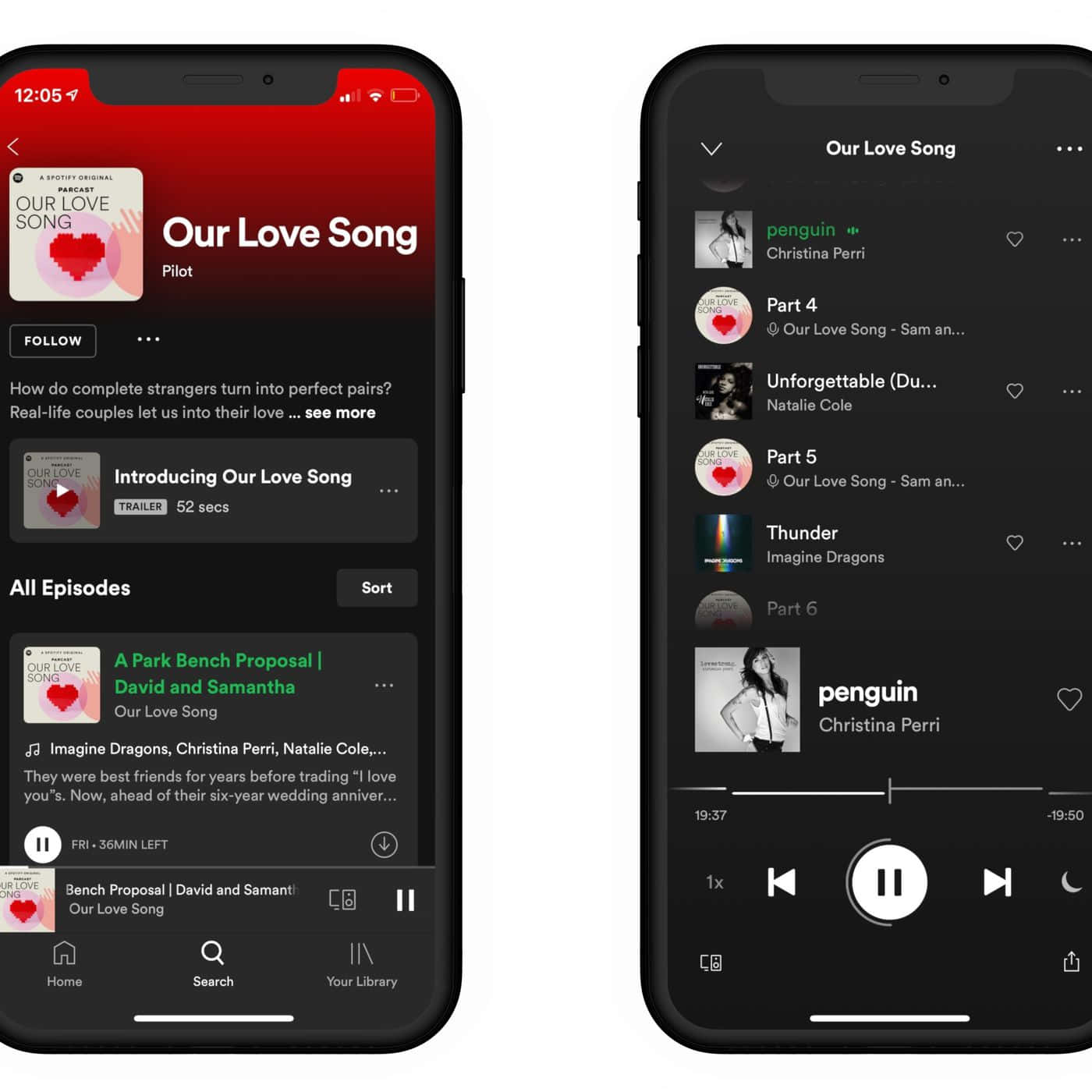 song 桌布 壁紙 — 兩部智慧型手機顯示 Spotify 的「Our Love Song」播客和播放清單介面，採用紅色和深色主題。