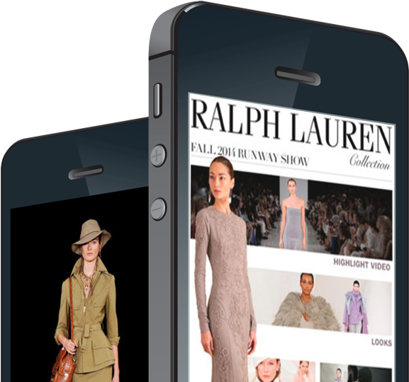 ralph lauren 桌布 壁紙 — 兩部智慧型手機顯示Ralph Lauren Fall 2014時裝秀內容，模特兒以優雅時尚造型在深色背景前展示。