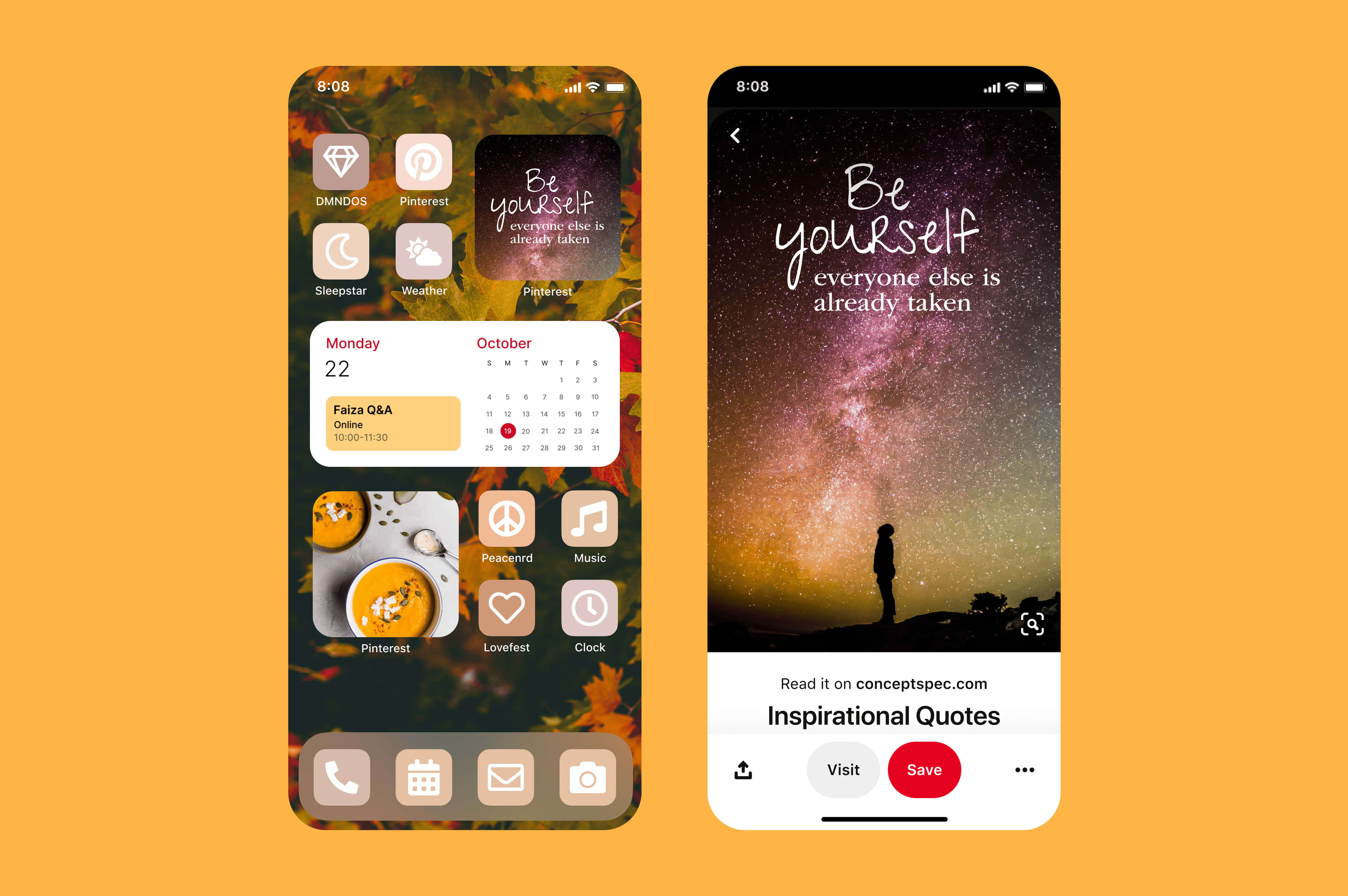 iPhone 桌布 壁紙 — 兩部智慧型手機顯示勵志桌布，一部有秋葉，另一部有星空和剪影。