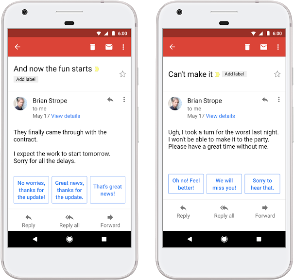 Gmail 動圖 桌布 壁紙 — 兩部智慧型手機顯示對派對邀請的回覆，包括愉快和道歉的回應。