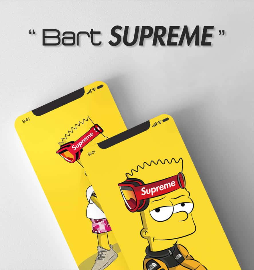 霸子·辛普森 桌布 壁紙 — 兩部智慧型手機顯示巴特·辛普森戴著Supreme品牌護目鏡，背景為簡約灰色。