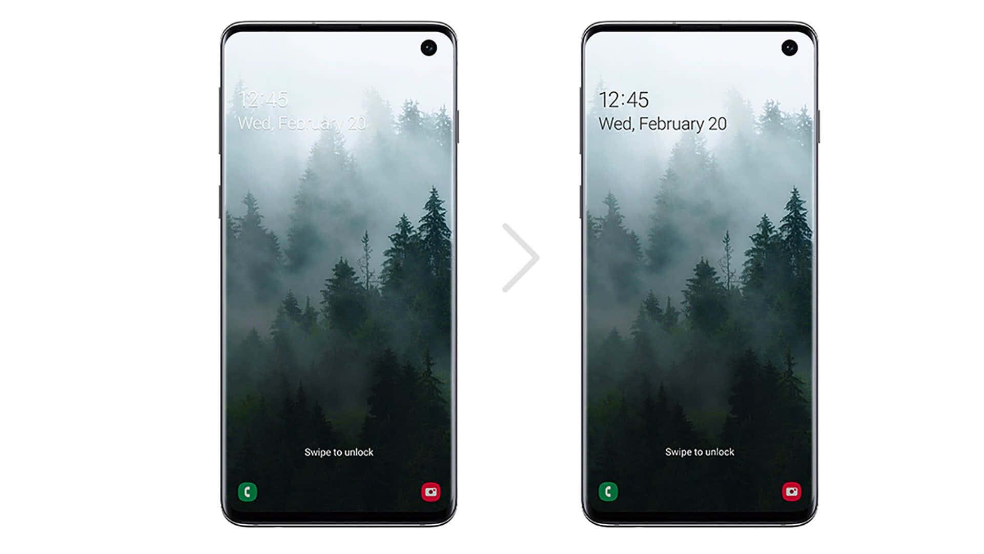 Galaxy S10 桌布 壁紙 — 兩部智慧型手機顯示帶有松樹和日期時間鎖定螢幕UI的迷霧森林桌布。