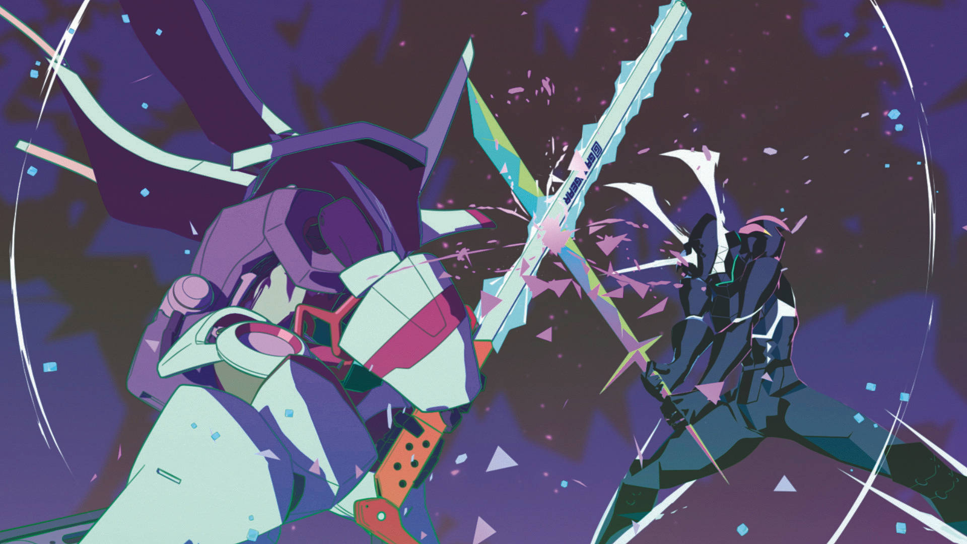 Promare 桌布 壁紙 — 兩部機甲在動態動漫戰鬥中碰撞，伴隨著發光的刀片和破碎的幾何粒子，背景是深紫色的宇宙。