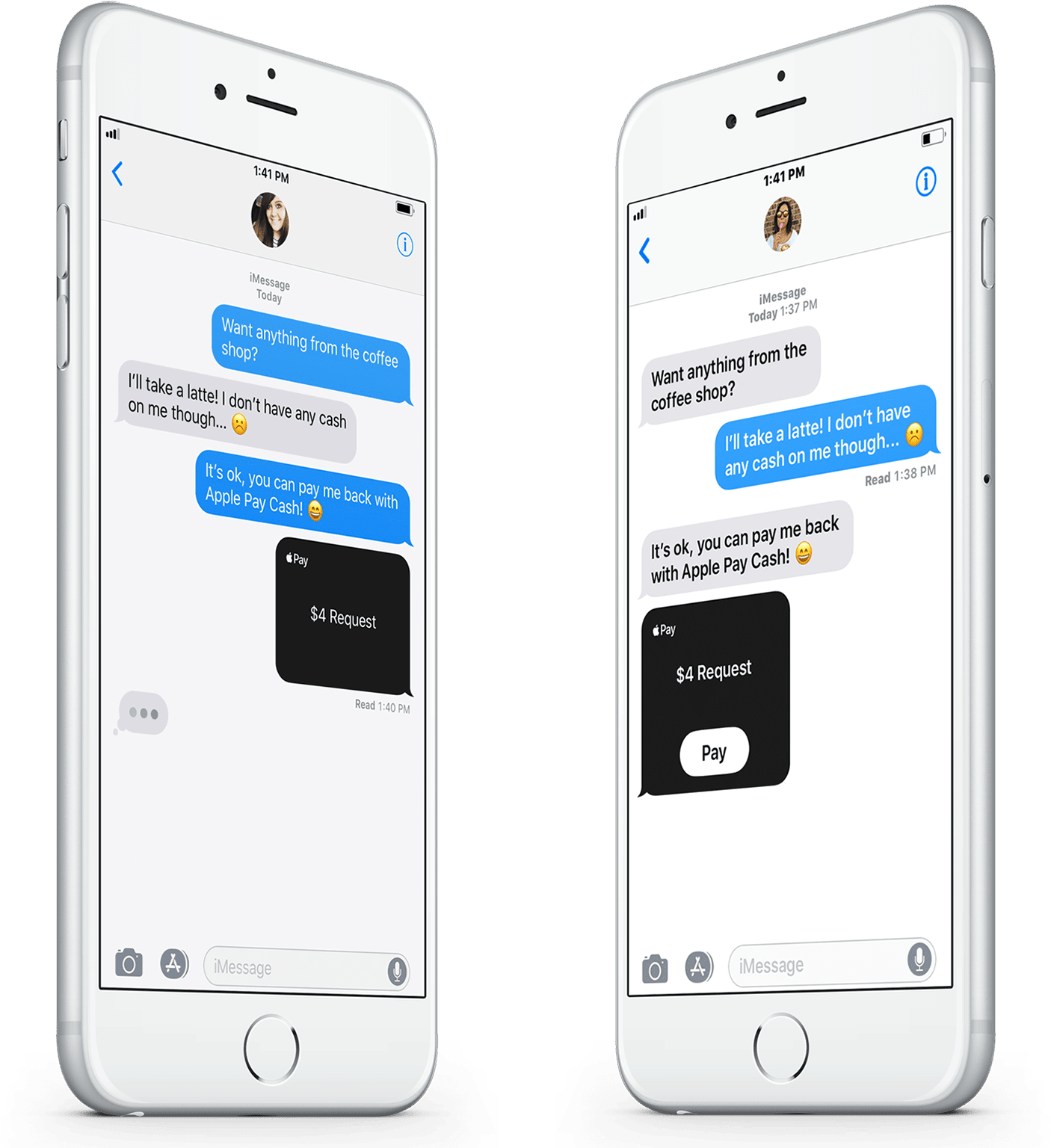 Smart Phone 桌布 壁紙 — 兩部白色iPhone並排放置，顯示一則iMessage對話，其中一位用戶要求以Apple Pay Cash支付4美元購買咖啡。