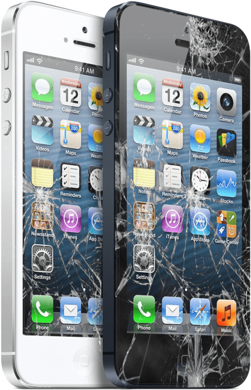 White iPhone 桌布 壁紙 — 兩部螢幕破裂的iPhone並排顯示iOS主畫面。