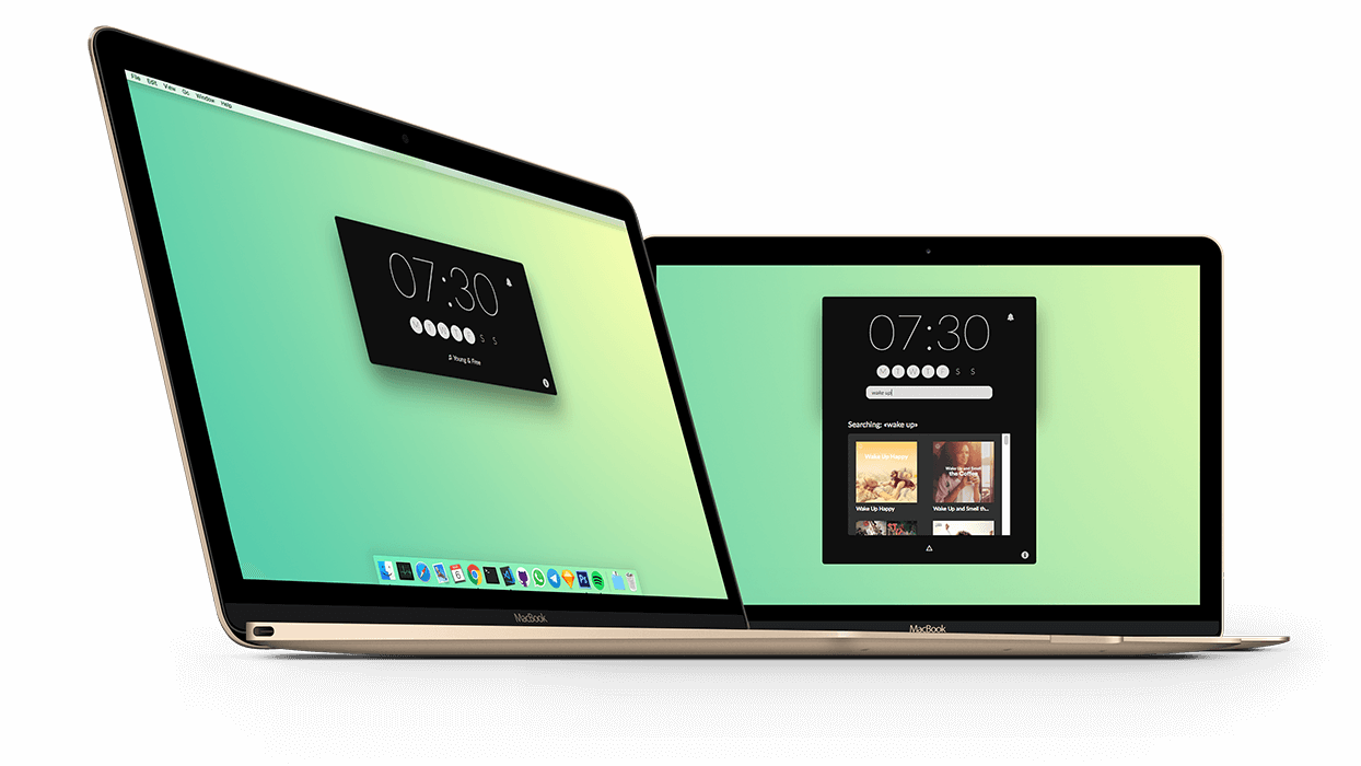 Mac 桌布 壁紙 — 兩部金色 MacBook 筆記型電腦傾斜並排放在黑色背景上，顯示 macOS 介面，包含時間小工具和搜尋結果。