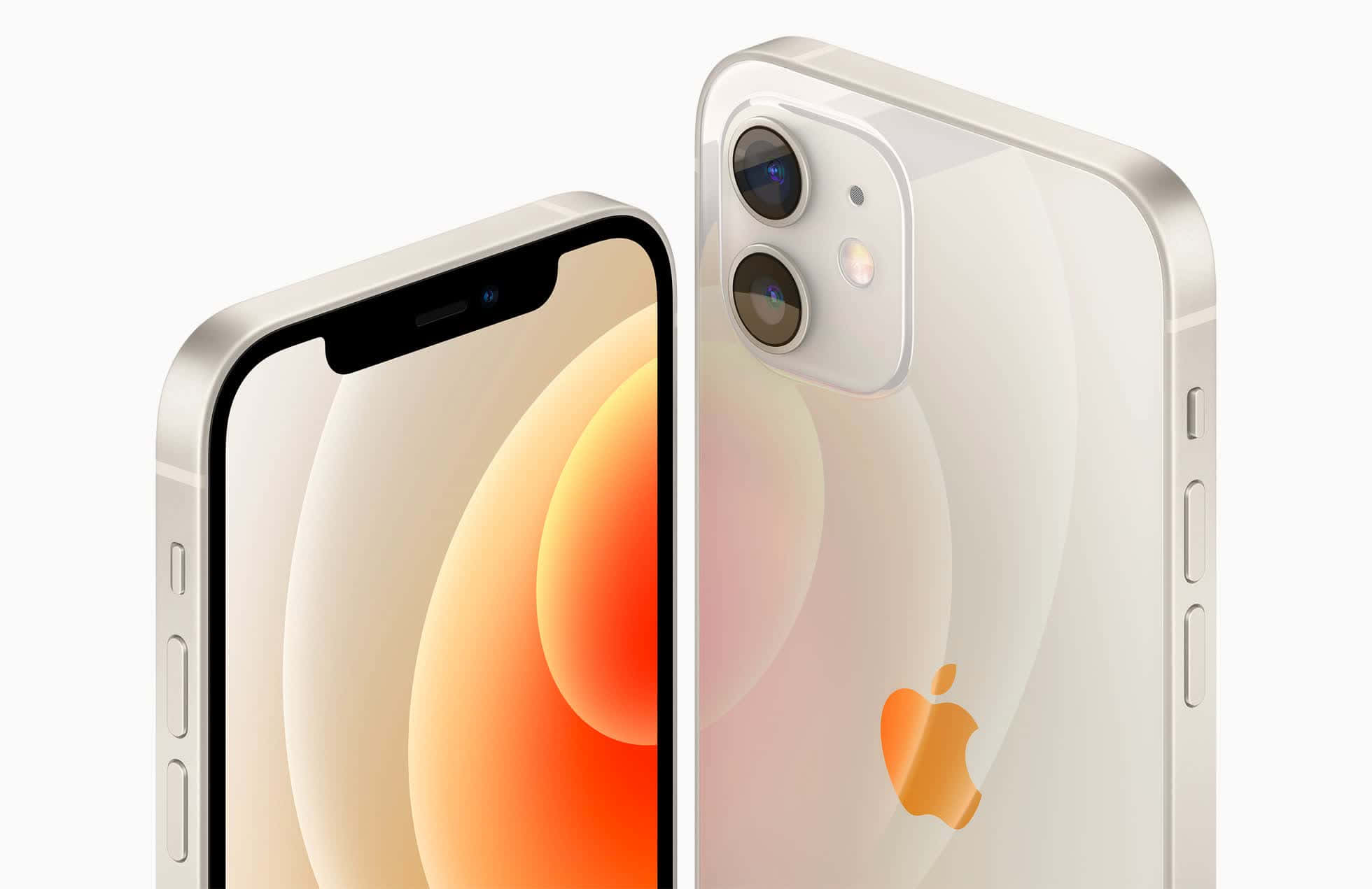 Apple Phone 桌布 壁紙 — 兩部銀色iPhone以側面顯示，一部展示溫暖漸變壁紙，另一部揭示雙鏡頭系統和Apple標誌。