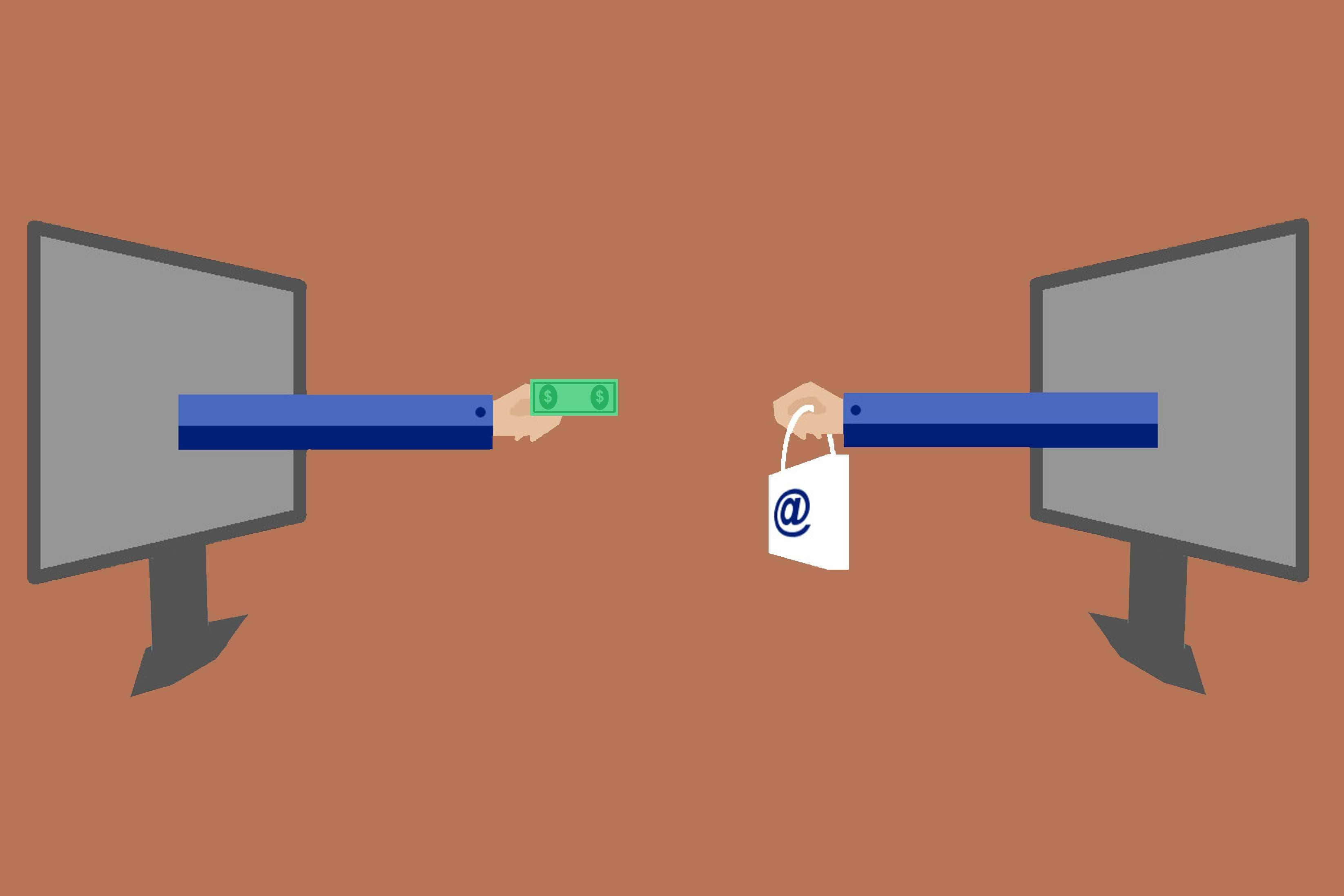 E Commerce 桌布 壁紙 — 兩部電腦顯示器在平面數位插圖中交換金錢以換取一個電子郵件袋。