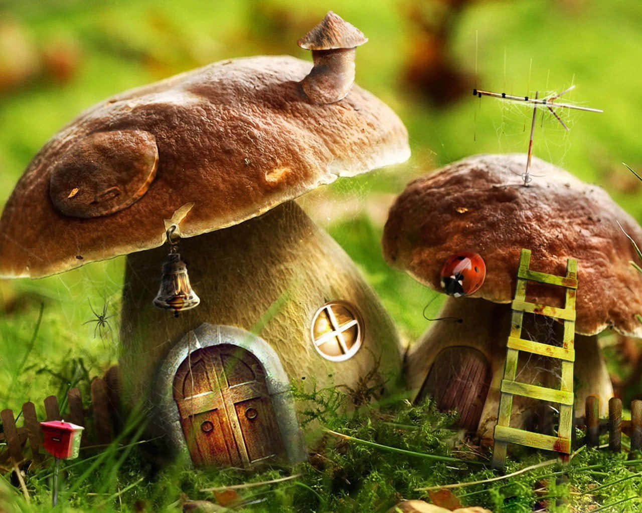 Kawaii Mushroom 桌布 壁紙 — 兩間奇特的蘑菇屋，有木門和梯子，坐落在充滿活力的綠草中。