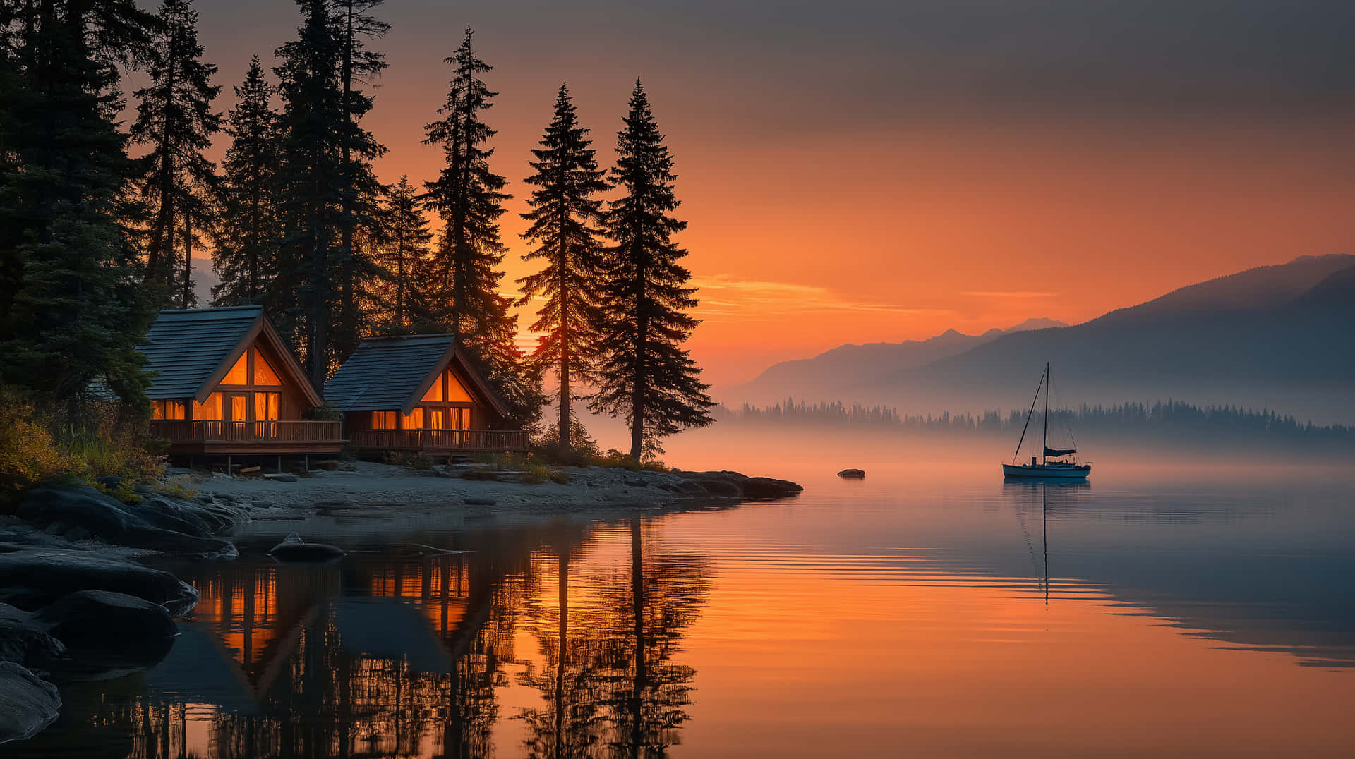 Cozy Lakeside Cabins at Sunrise with Sailboat 壁紙 — 兩間木屋在日落時分的霧氣湖岸上溫暖地發光，一艘帆船停泊在平靜的水面上。