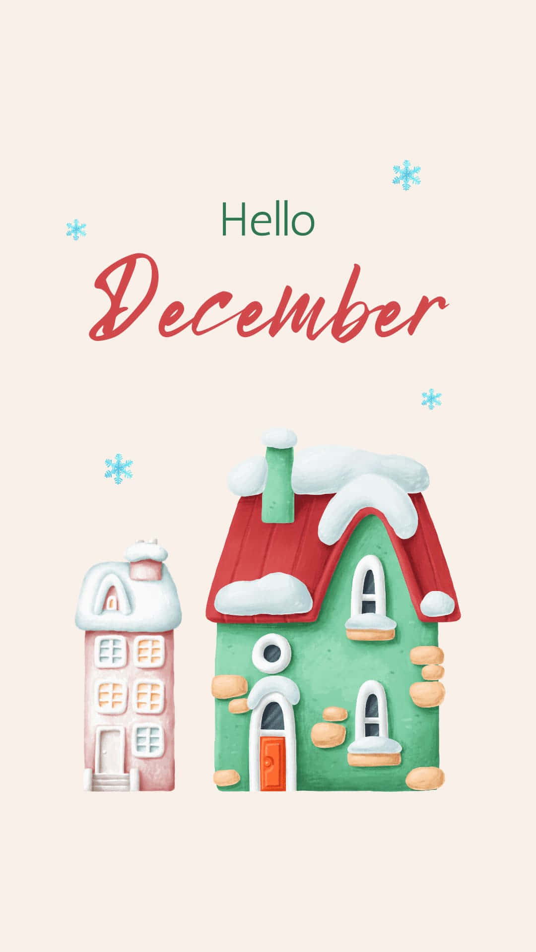 Cute December 桌布 壁紙 — 兩間舒適的雪屋，紅色屋頂和節日雪花，在柔和的米色天空下迎接觀眾。