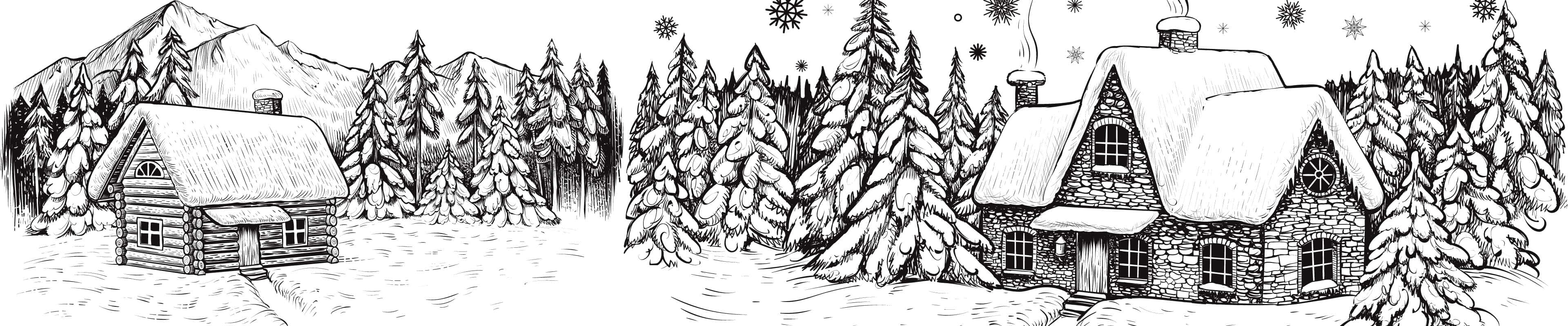 3840x800 桌布 壁紙 — 兩間舒適的雪覆蓋小屋，坐落在茂密的松樹林中，雪花飄落，背景是山巒。