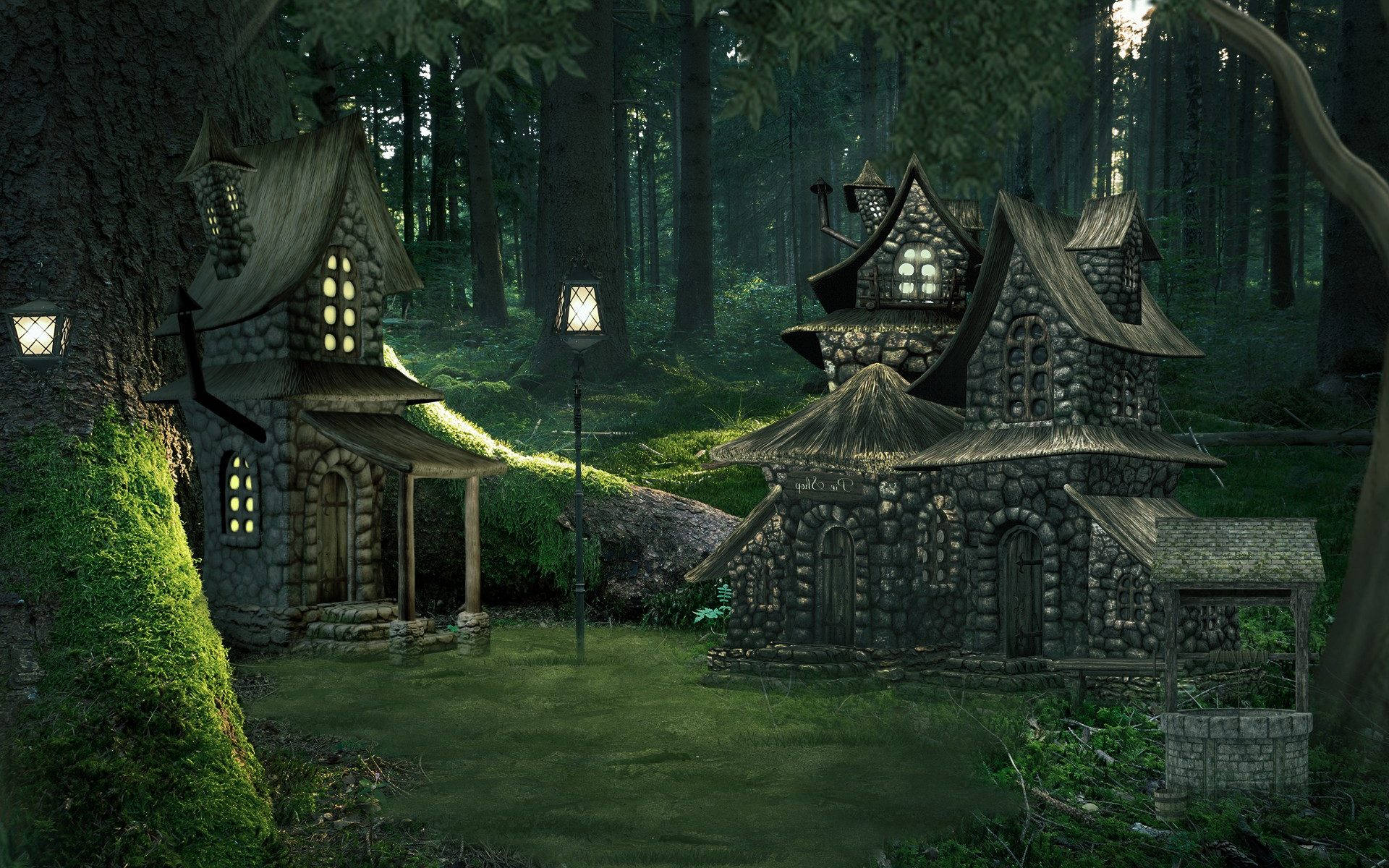 風景 桌布 壁紙 — 兩間長滿青苔的石屋，窗戶透出光芒，坐落在黃昏時分濃霧籠罩的茂密森林中。