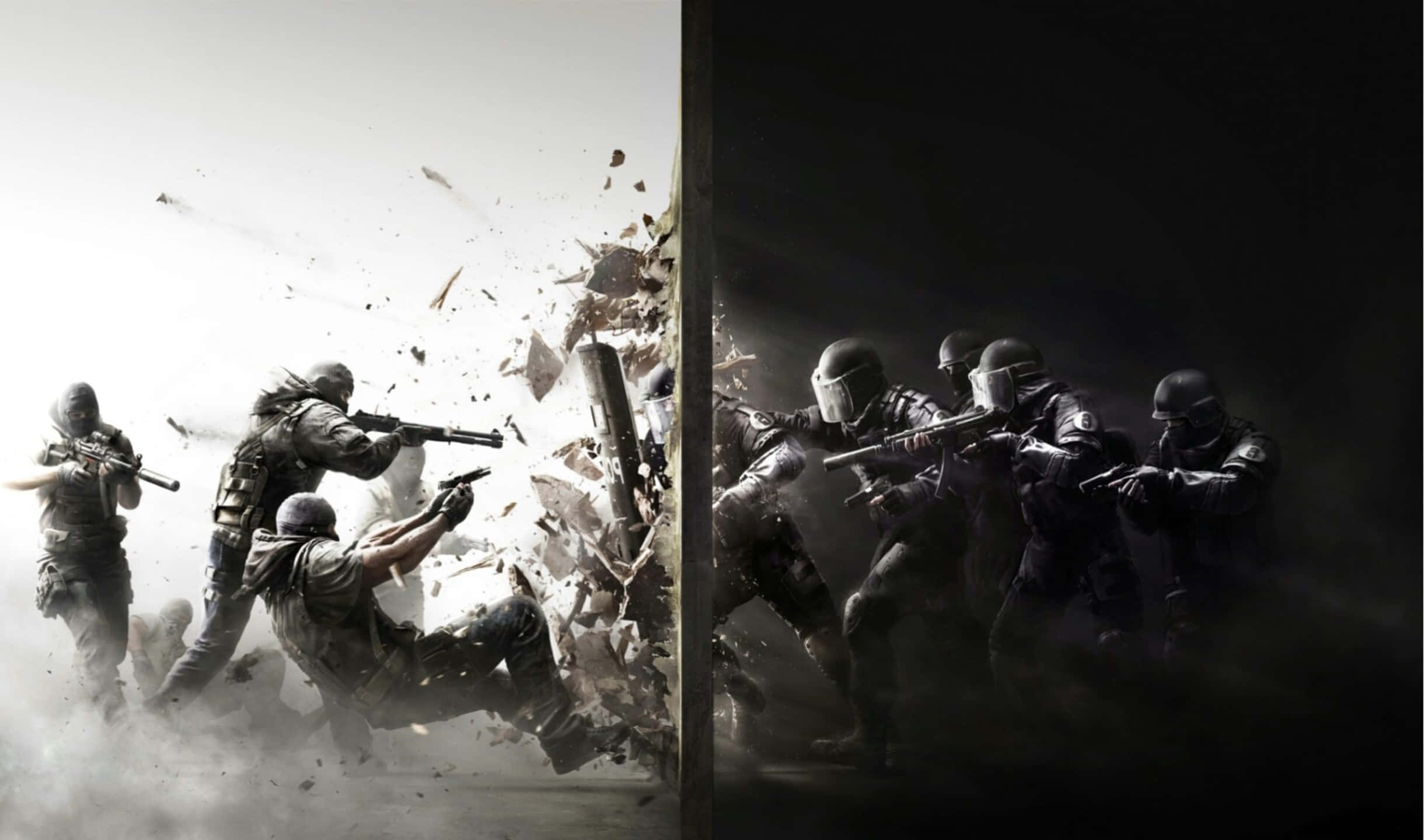 2440x1440 Rainbow Six Siege 桌布 壁紙 — 兩隊身穿戰術裝備的士兵以爆炸性行動突破牆壁，一邊明亮混亂，另一邊黑暗激烈。