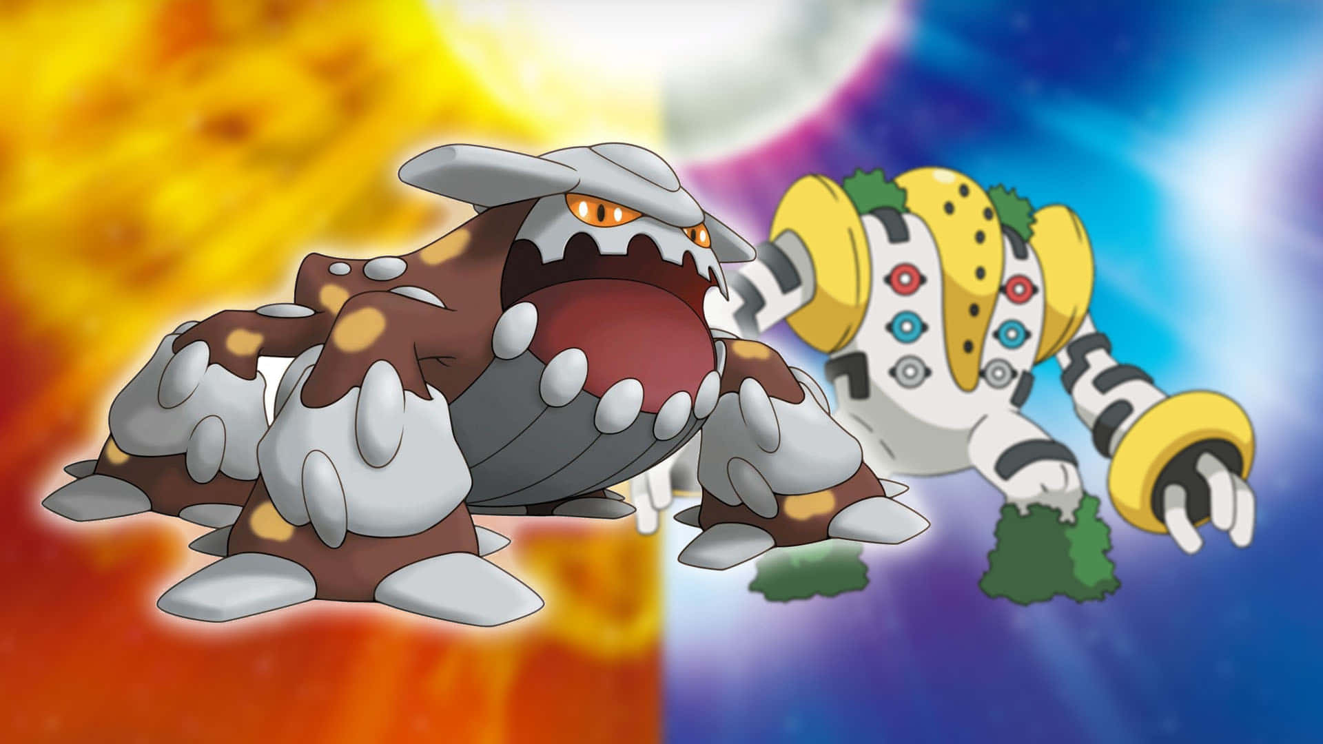 寶可夢 桌布 壁紙 — 兩隻 Pokémon 在熾熱和宇宙背景前對峙，形成動態的動畫戰鬥場景。
