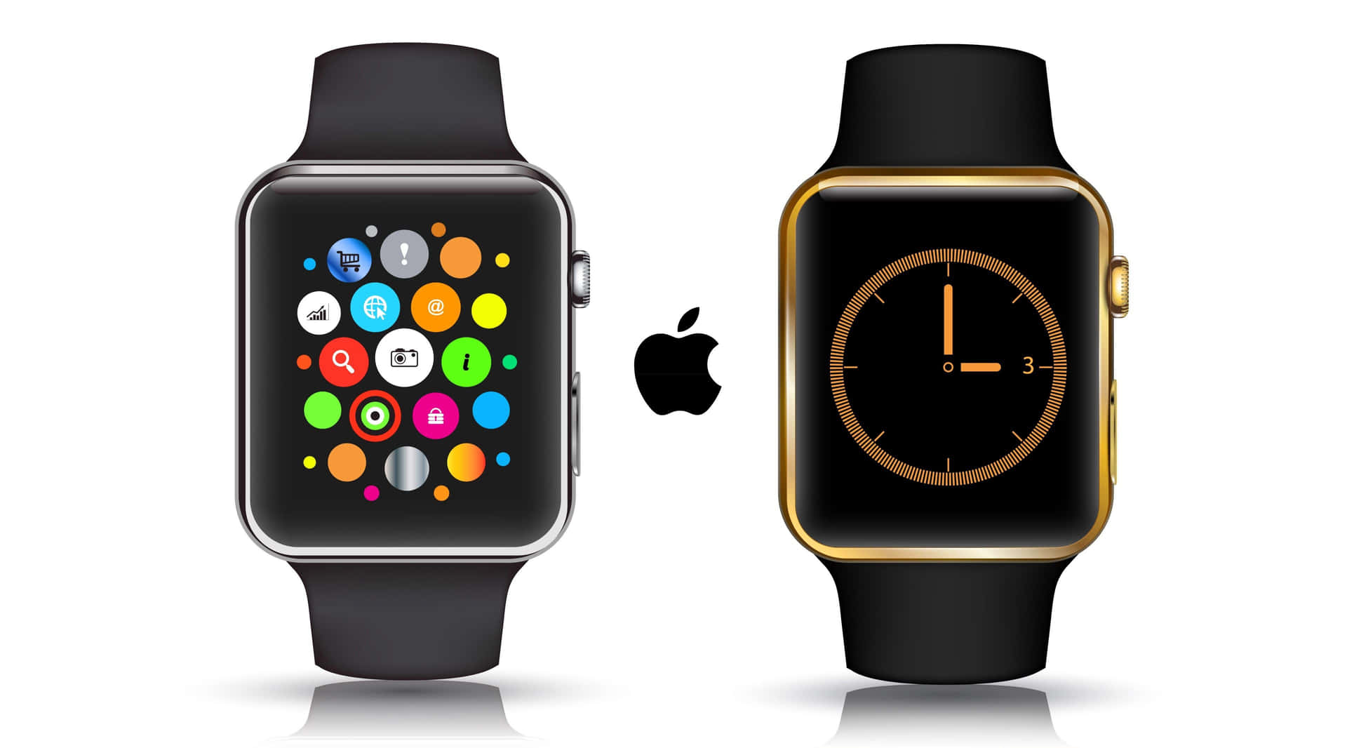 Apple Watch 動態 桌布 壁紙 — 兩隻Apple Watch並排，一隻有彩色應用程式圖示，另一隻則有極簡風格的類比時鐘面。