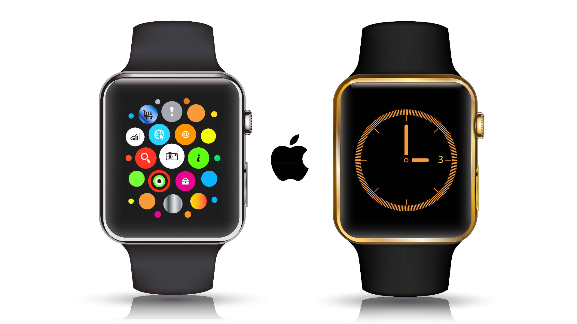 Apple Watch 動態 桌布 壁紙 — 兩隻Apple Watch並排放置，一隻顯示色彩繽紛的應用程式圖示，另一隻顯示簡約的類比時鐘錶面。