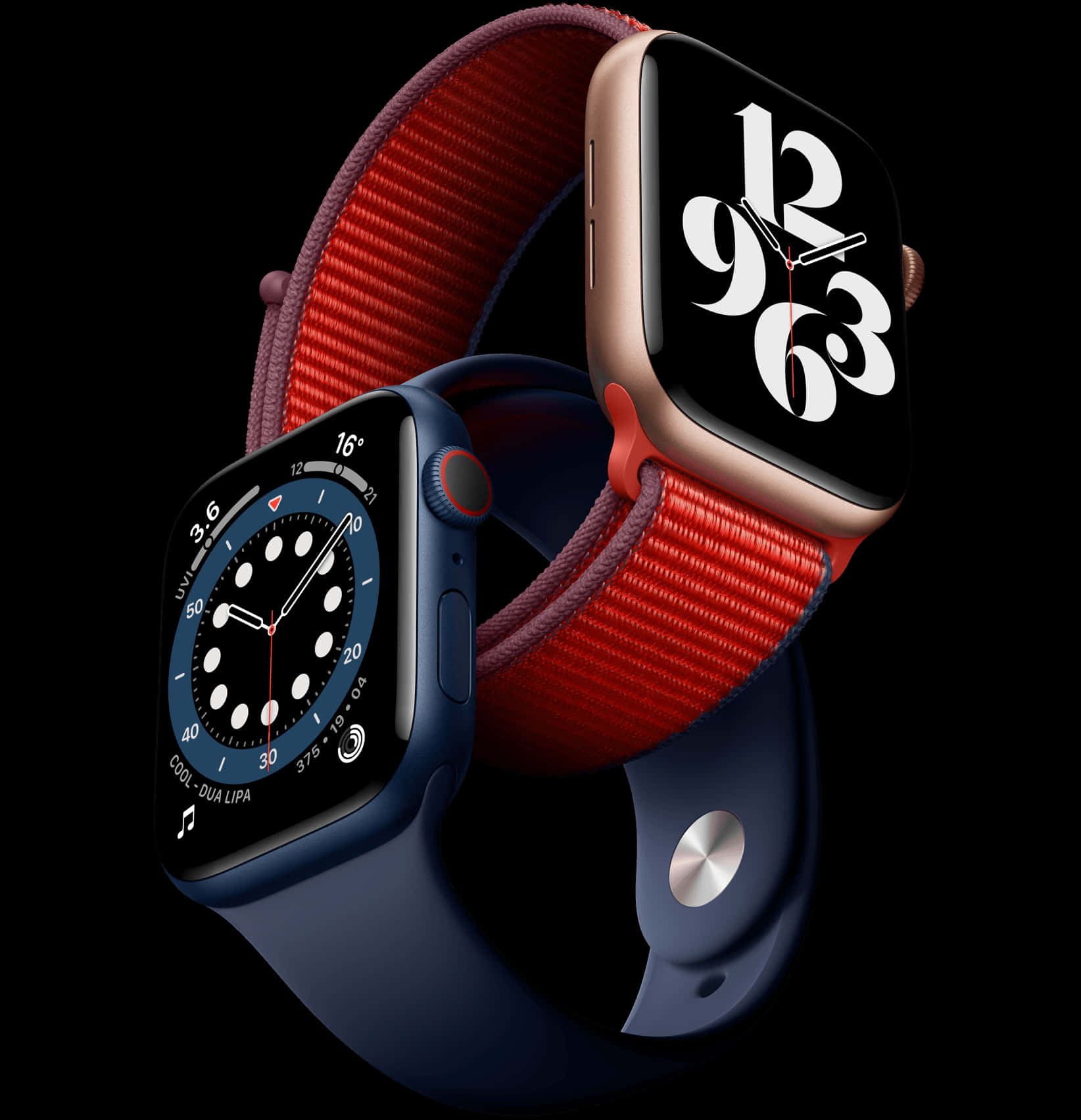 Apple Watch 動態 桌布 壁紙 — 兩隻Apple Watch配以鮮明的紅色和藍色運動錶帶，在黑色背景上顯示對比鮮明的錶面。