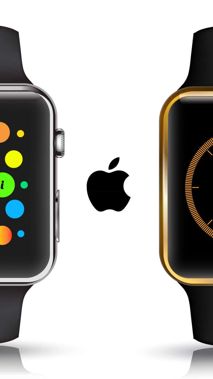 Apple Watch 動態 桌布 壁紙 — 兩隻Apple Watch面對面，帶有彩色錶面，中間有一個黑色Apple標誌，背景為白色。