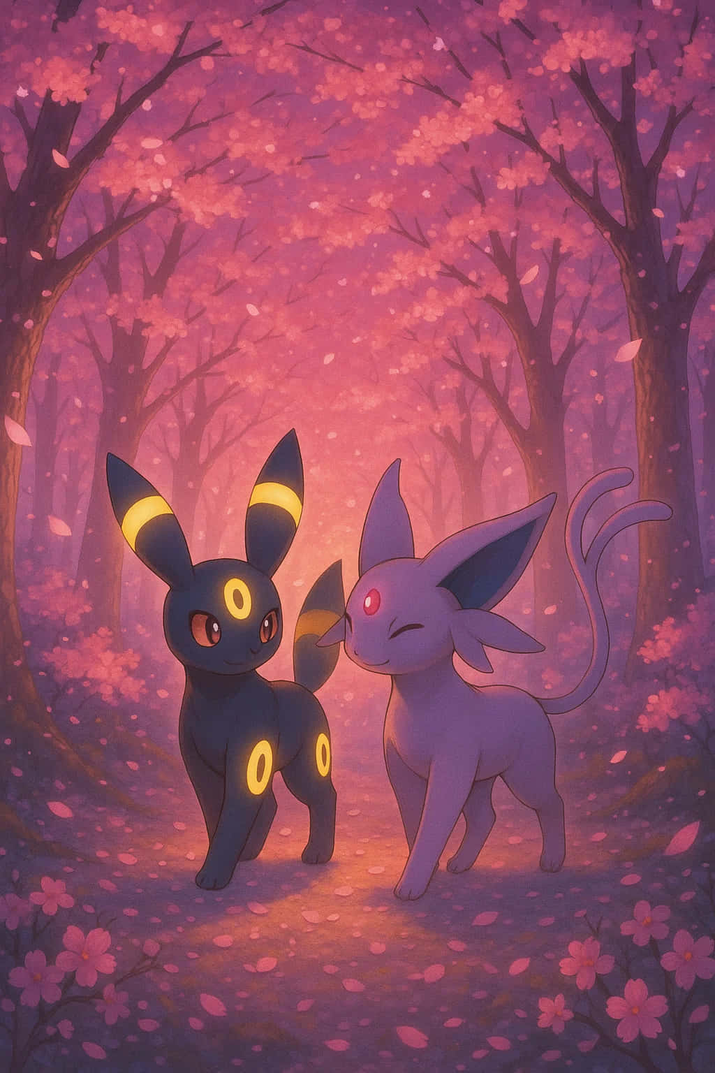 Umbreon Pokemon 4K HD Wallpaper WEBP MOBILE Backgrounds 壁紙 — 兩隻Pokémon伊布進化型同伴站在夢幻般的粉紅櫻花林中，散發著柔和暮色的光芒。