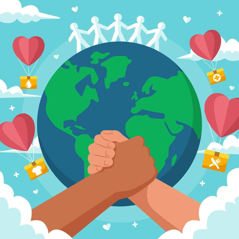 地球 桌布 壁紙 — 兩隻不同膚色的手在一個地球儀周圍緊握，象徵團結，背景有漂浮的心形和援助箱，天空中有紙人。