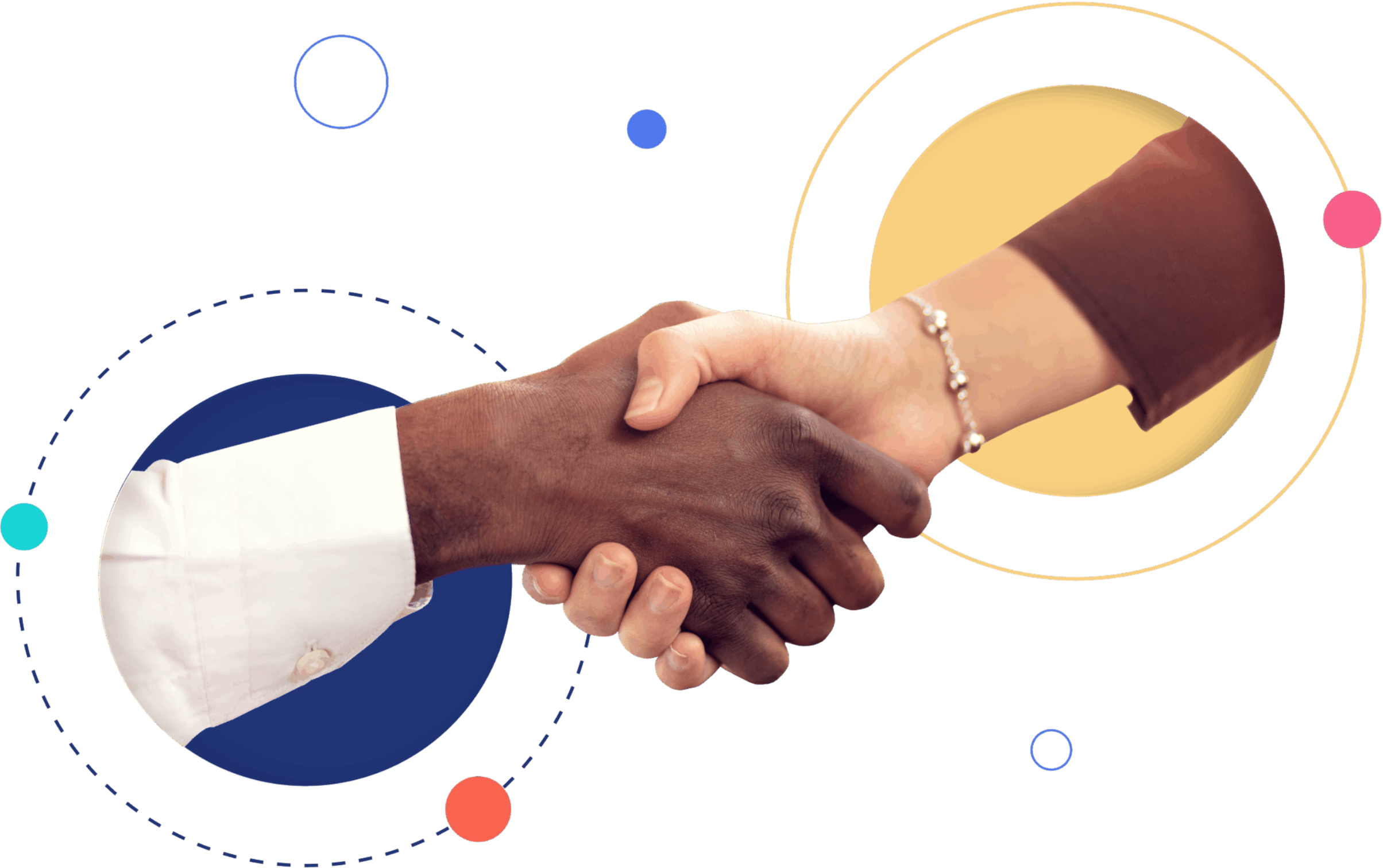 Teamwork 桌布 壁紙 — 兩隻不同膚色的手在帶有彩色幾何圓形的黑色背景上緊緊握手。