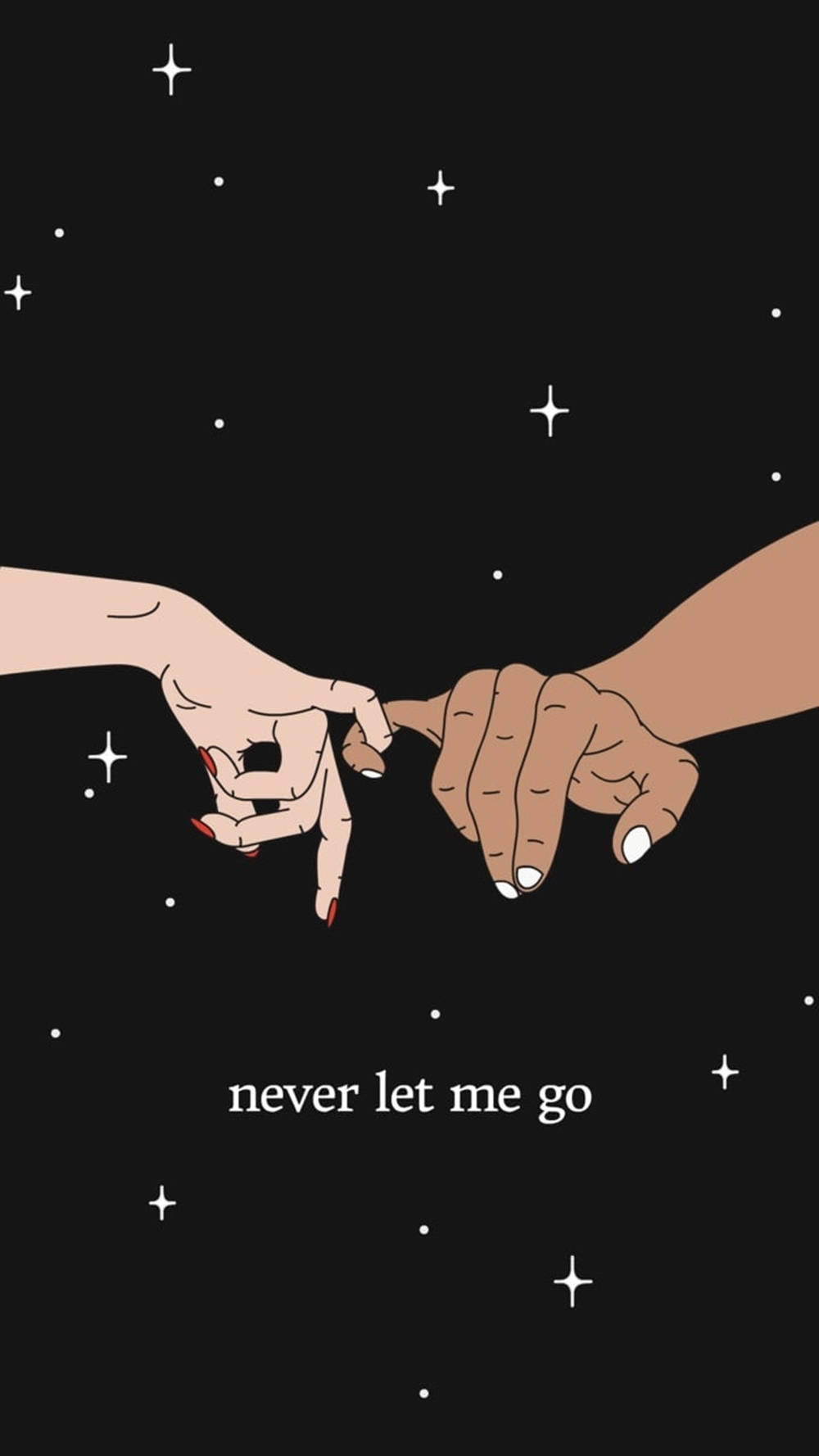 兩隻手在星空下指尖相觸，文字 never let me go — 愛情美學動圖 壁紙