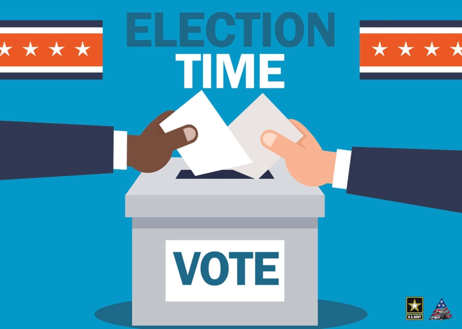 選舉 桌布 壁紙 — 兩隻不同膚色的手將選票投入一個灰色、標有「vote」的投票箱，背景為藍色，帶有選舉文字和星星。