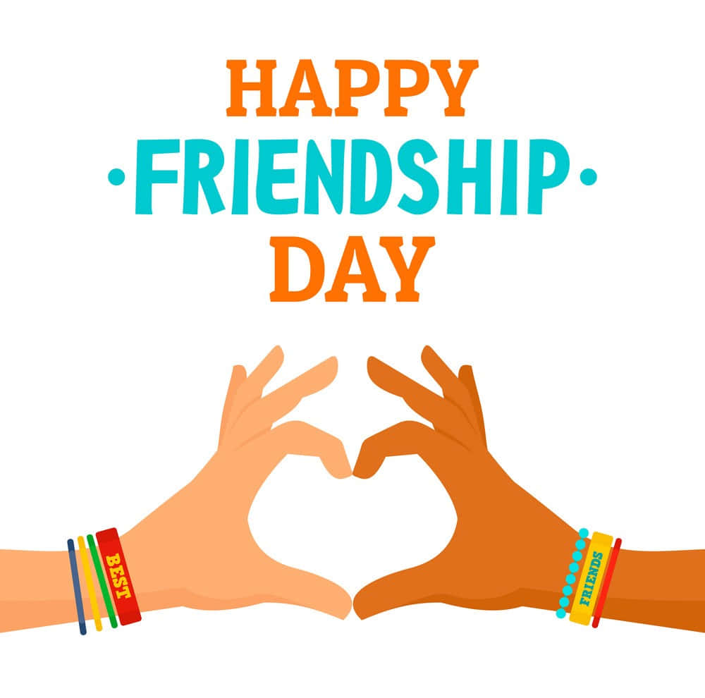 Friendship 桌布 壁紙 — 兩隻不同膚色的手形成一個心形，上方有粗體橙色和藍綠色的文字 'HAPPY FRIENDSHIP DAY'。