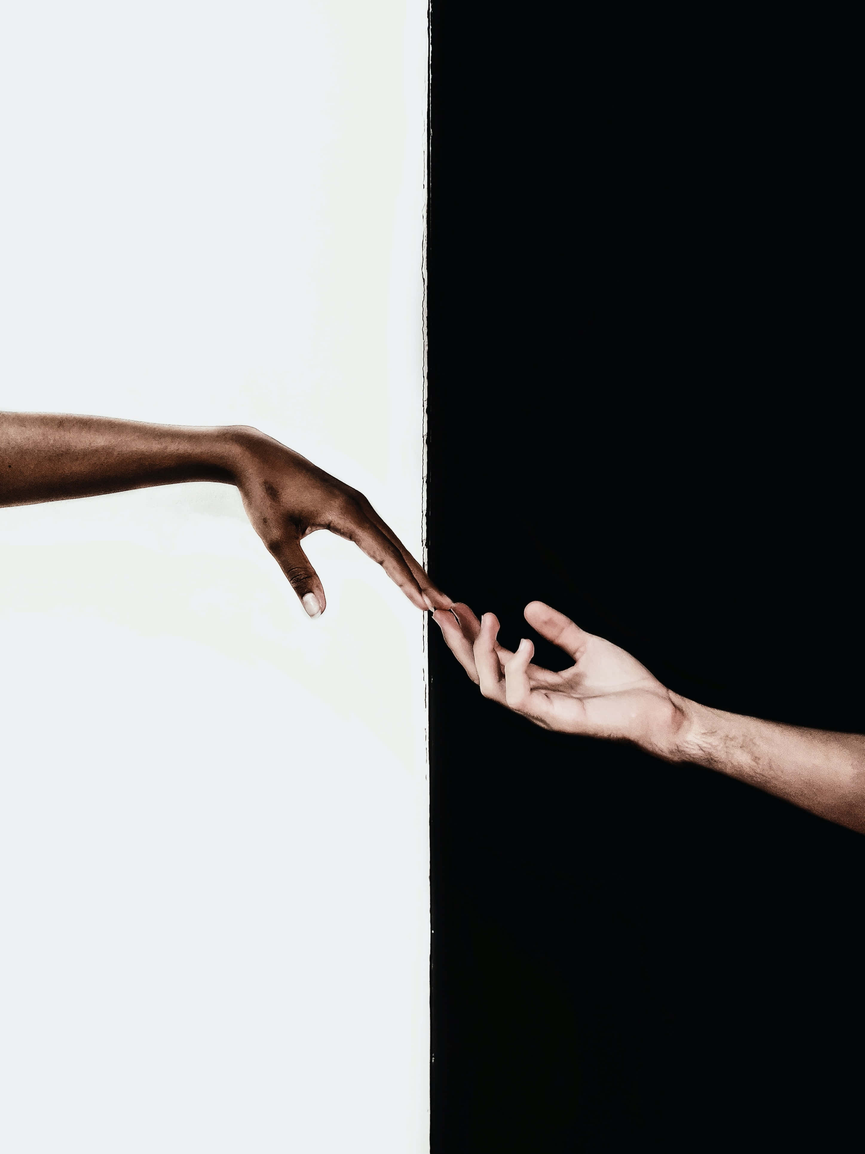 Interracial 桌布 壁紙 — 兩隻不同膚色的手越過純白與深黑之間的鮮明垂直分界線伸向對方。