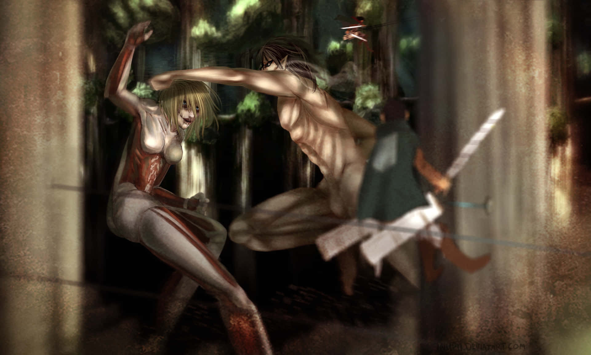 Female Titan 桌布 壁紙 — 兩隻人形巨人在茂密森林中碰撞，背景有第三個人物揮劍。