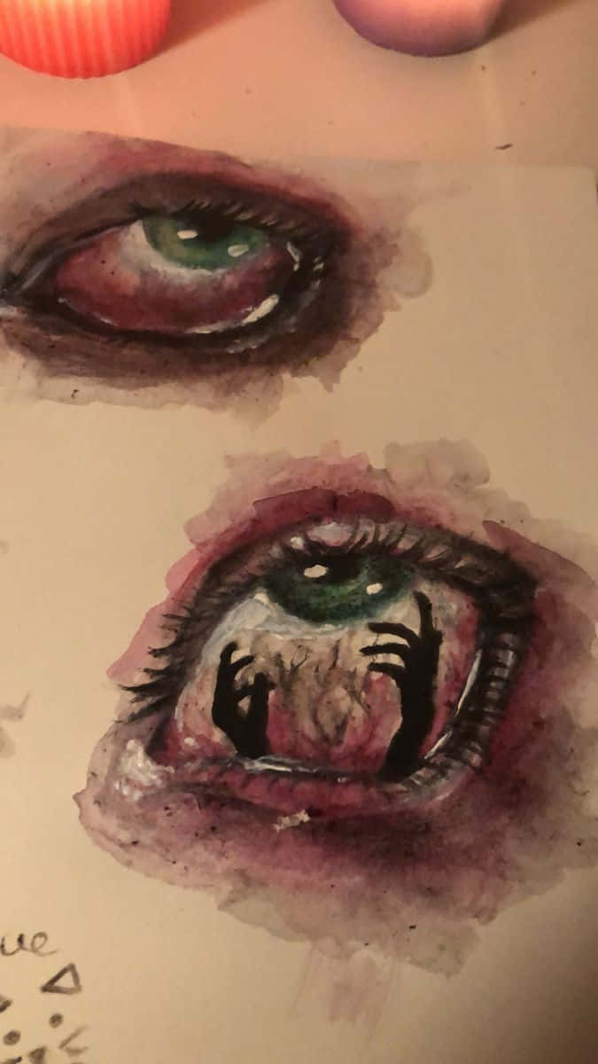 emotion 桌布 壁紙 — 兩隻令人不安的眼睛的水彩畫，一隻正常，另一隻虹膜內有手爪伸出。
