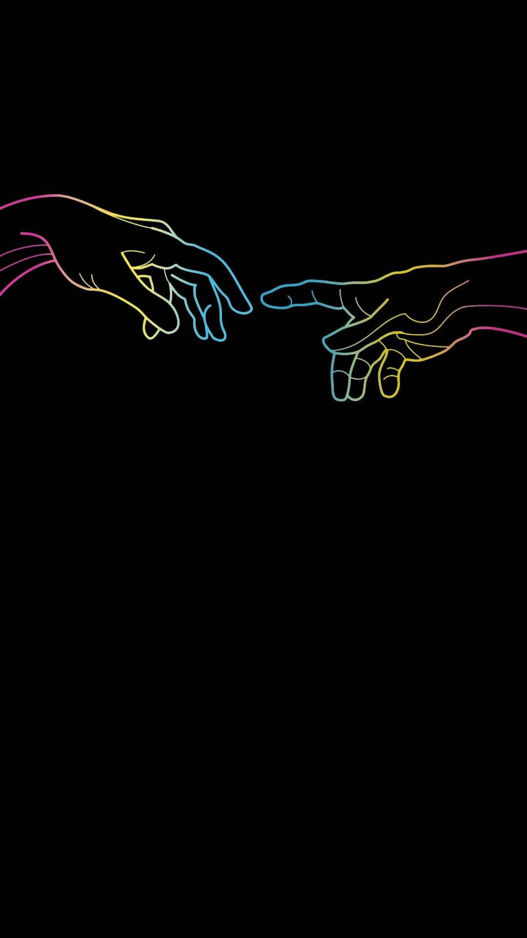 男同志 桌布 壁紙 — 兩隻以彩虹漸層勾勒的手在黑色背景上幾乎觸碰。