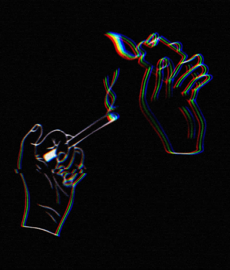 joint 桌布 壁紙 — 兩隻以故障彩虹色勾勒的手，在黑色背景前拿著香煙吸煙。
