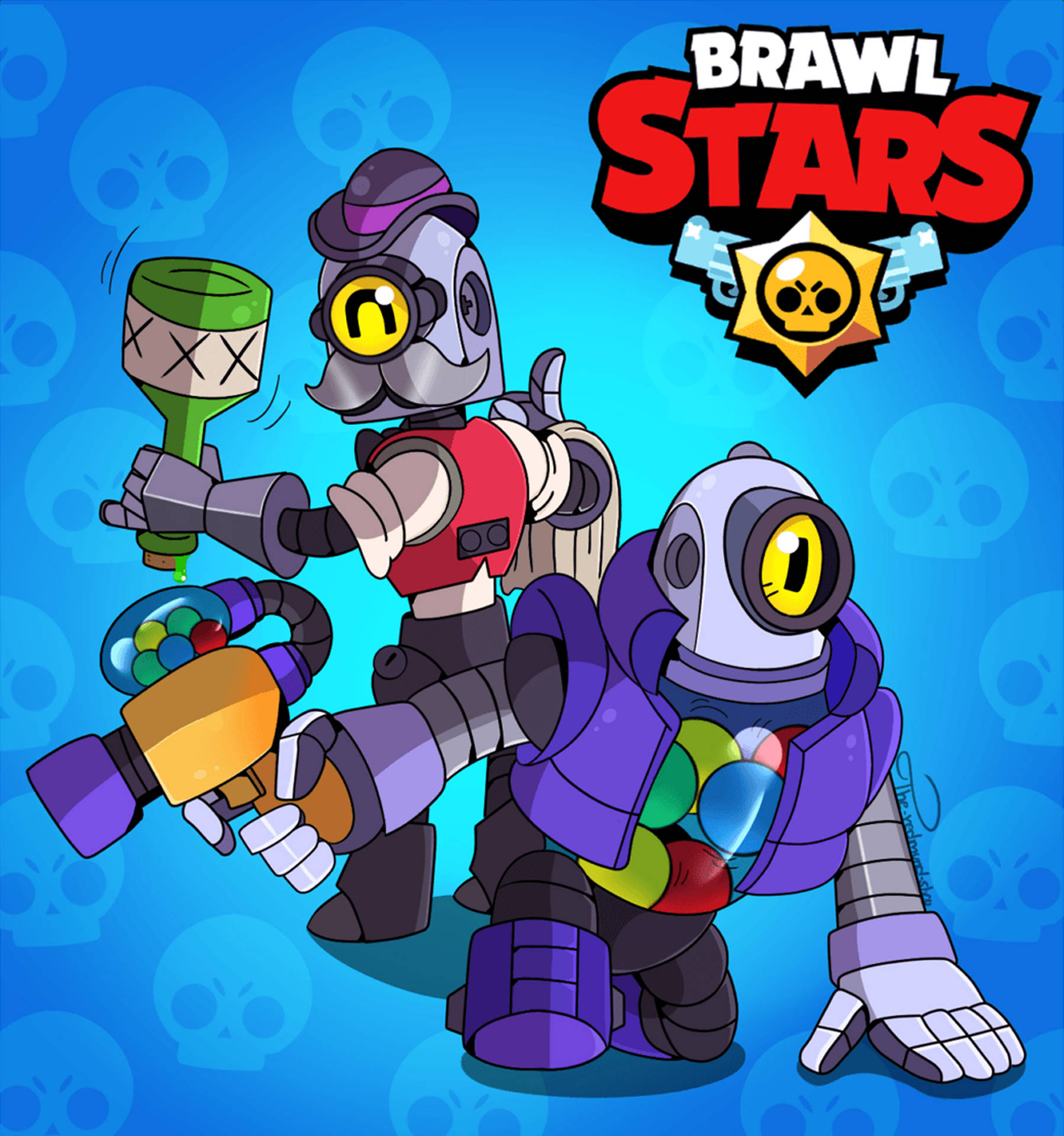 兩隻Brawl Stars機器人在藍色骷髏背景上手持武器。 — 荒野亂鬥 GIF 壁紙