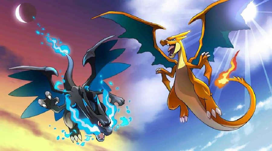 Charizard Pokemon 桌布 壁紙 — 兩隻傳說中的寶可夢在充滿活力的天空中碰撞，一隻在彎月下噴火，另一隻噴出閃電。