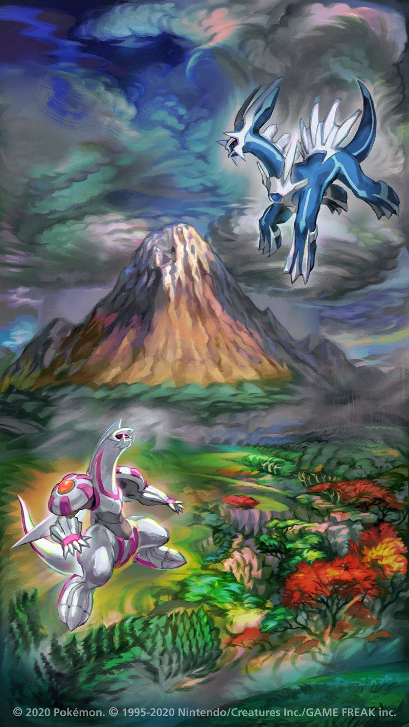 寶可夢 桌布 壁紙 — 兩隻傳說中的寶可夢在暴風雨的天空下，翱翔於一個充滿活力的山谷之上，山谷中有一座積雪的山峰。