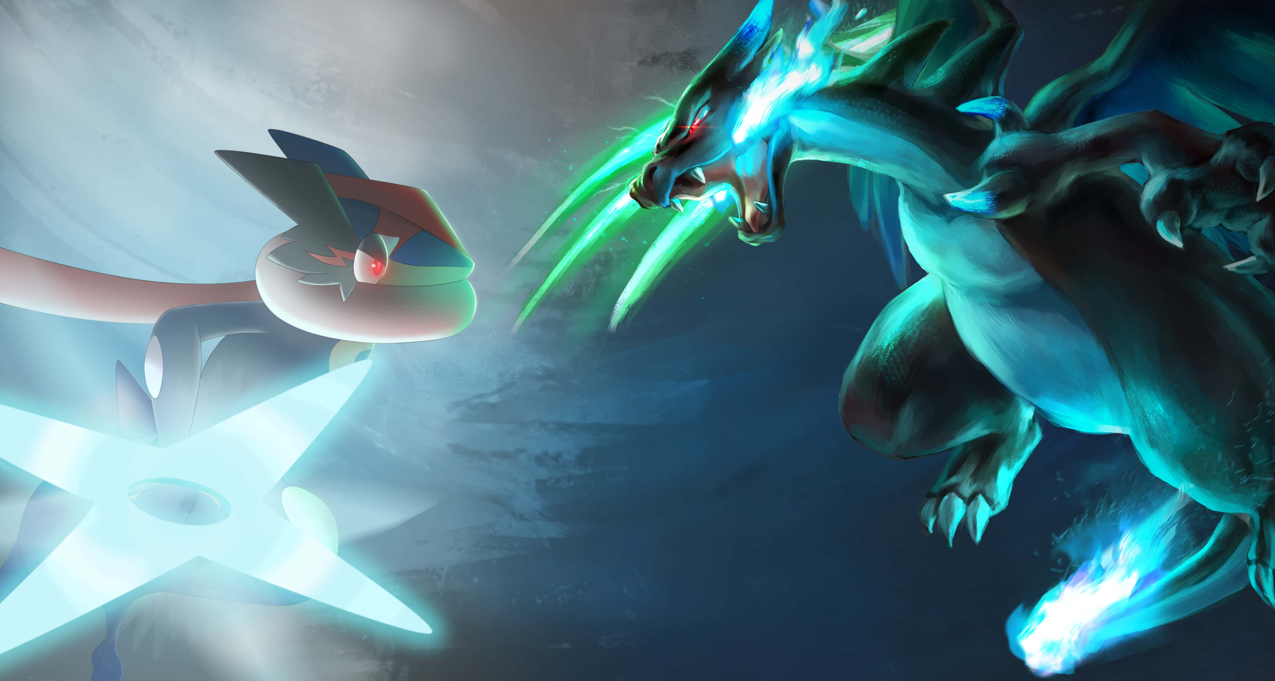 Pokemon Charizard 桌布 壁紙 — 兩隻傳說中的寶可夢在黑暗暴風雨的天空下，以電能噼啪作響的發光戰鬥對峙。