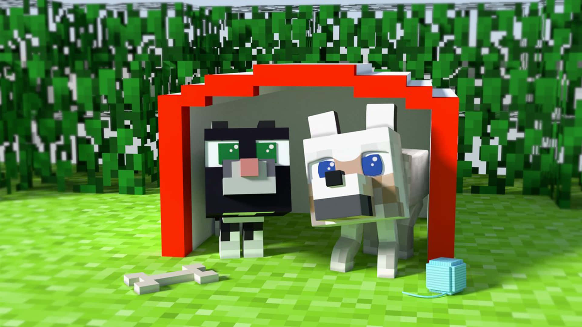 Minecraft Wolf 桌布 壁紙 — 兩隻像素化的Minecraft貓咪站在紅色拱門下，周圍是草地塊狀景觀，附近有工具。