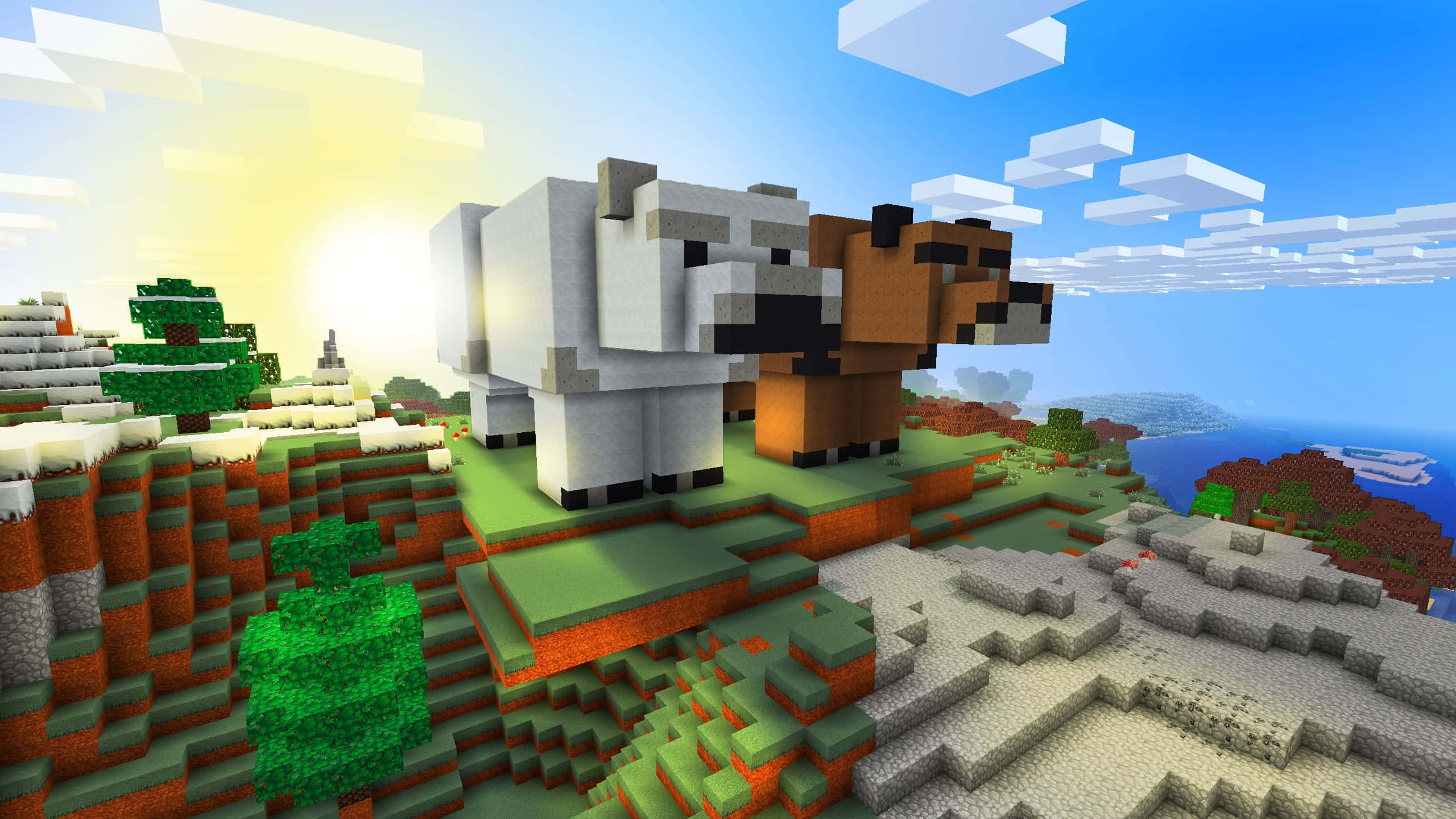 Minecraft Adventure 桌布 壁紙 — 兩隻像素化的牛站在一個方塊山坡上，在一個有浮雲和明亮太陽的Minecraft景觀中。