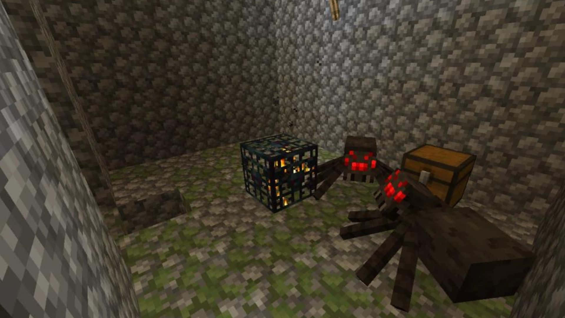 Minecraft Spider 桌布 壁紙 — 兩隻像素化的蜘蛛，眼睛發出紅光，站在一個光線昏暗的石頭地牢中，旁邊有一個發光的籠子和一個木箱。