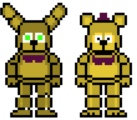 Freddy Fazbear 桌布 壁紙 — 兩隻像素化金色電子熊，帶有發光的綠色眼睛，並排站在黑色背景前。