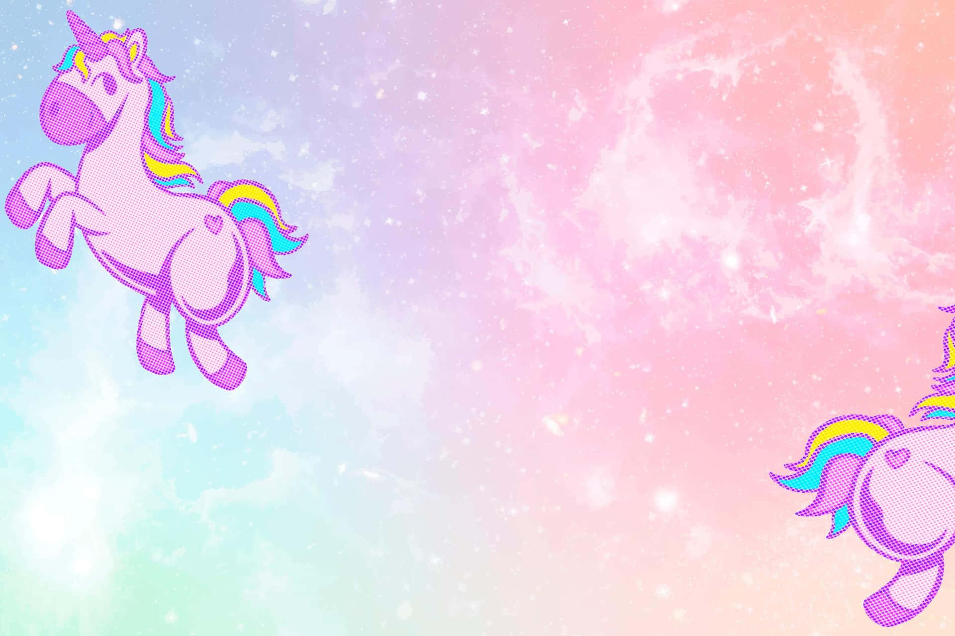 Pastel Unicorn 桌布 壁紙 — 兩隻像素藝術獨角獸，帶有彩虹鬃毛，在點綴著閃爍星星的粉彩漸變天空中奔馳。