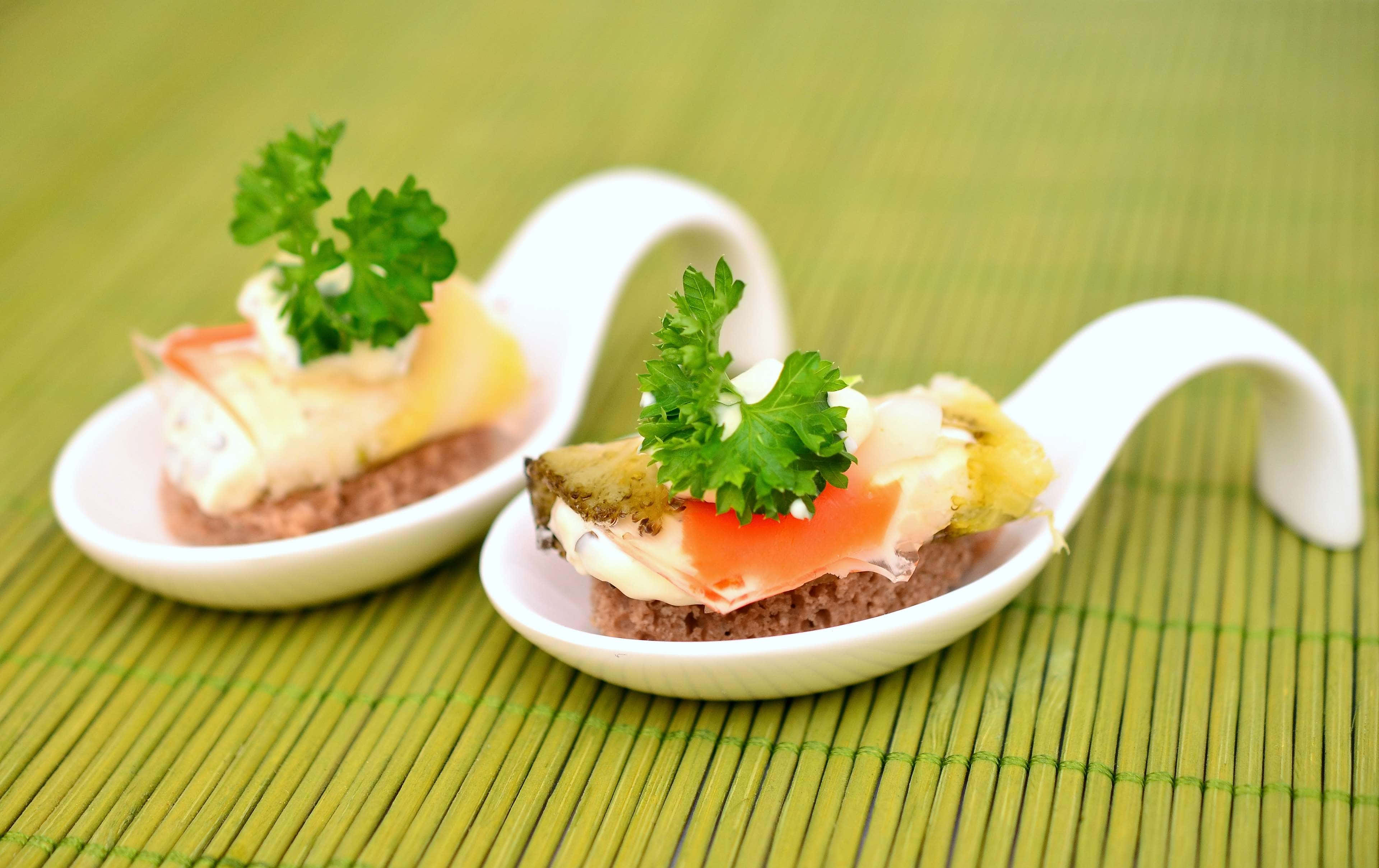 Food Photography 桌布 壁紙 — 兩隻優雅的白勺盛載精緻的開放式三明治，上面有煙鮭魚奶油乳酪和新鮮荷蘭芹，放在充滿活力的綠色竹蓆上。