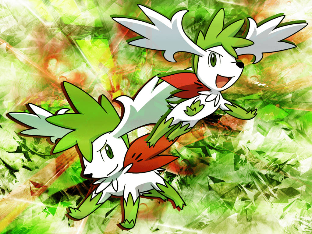Shaymin 桌布 壁紙 — 兩隻充滿活力的寶可夢在充滿活力的綠色和橙色抽象背景上動態跳躍。