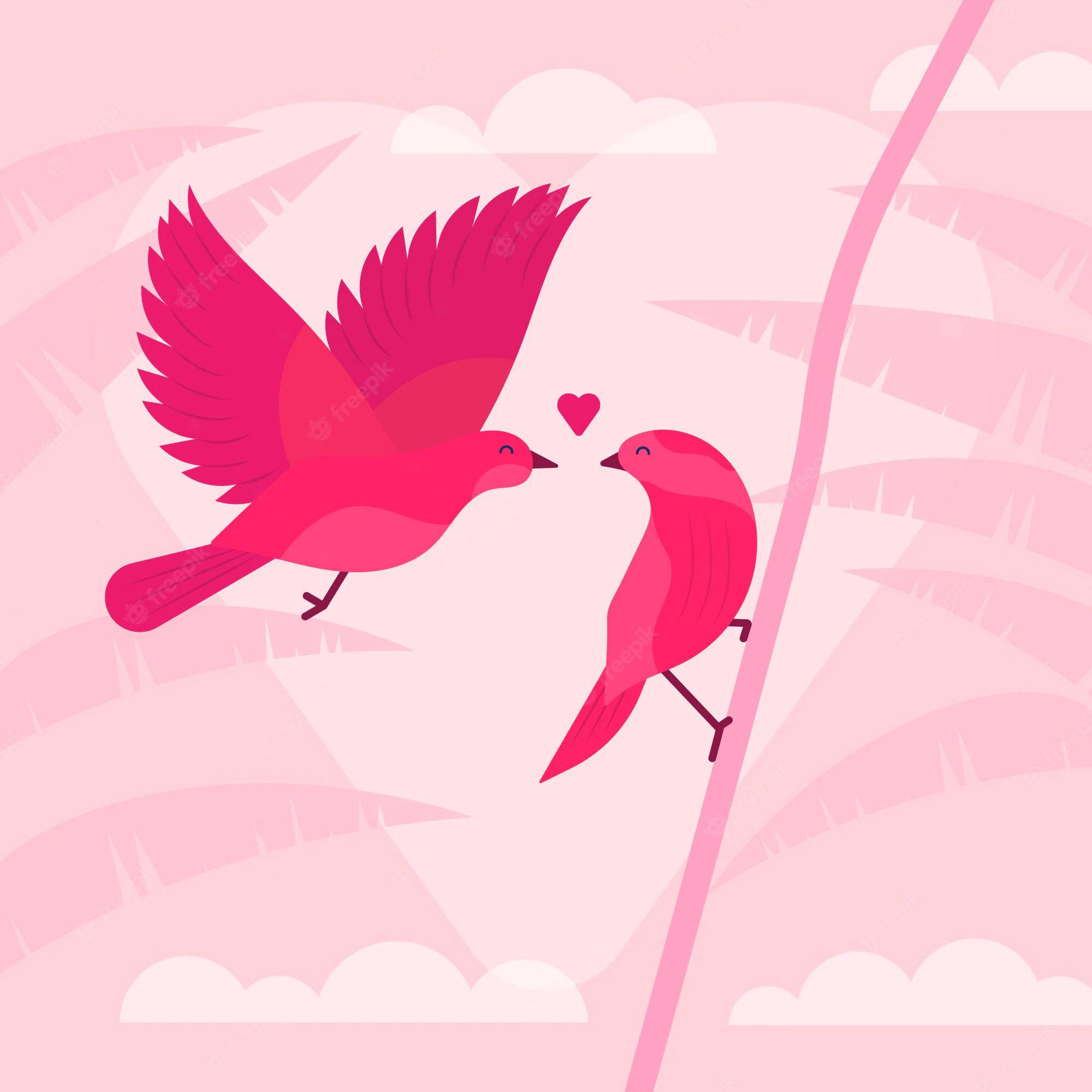 birds 桌布 壁紙 — 兩隻充滿活力的粉紅色鳥兒面對面，它們之間有一個小愛心，背景是柔和的粉紅色天空和風格化的雲朵。